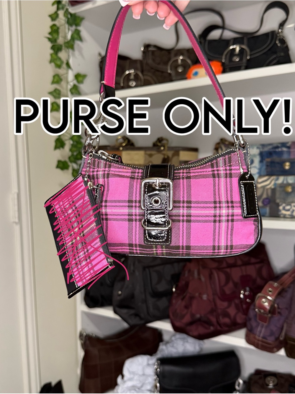 Coach Pink Plaid Mini Shoulder Bag with Silver Buckle